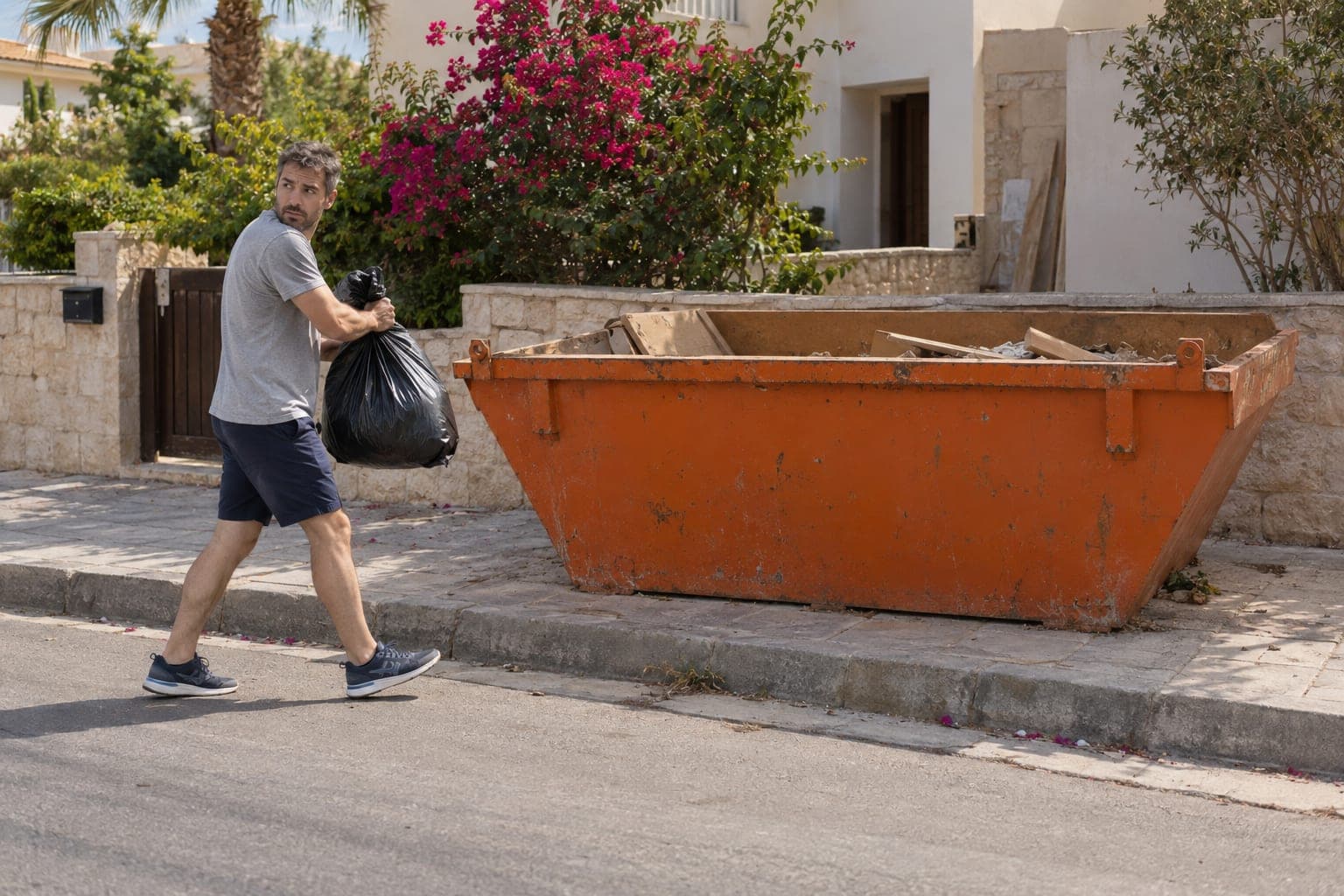 Γείτονας με σακούλα σκουπιδιών κοιτάζει πίσω του πηγαίνοντας προς skip έξω από σπίτι στην Κύπρο