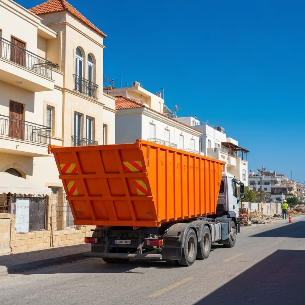 Σκιπ τοποθετημένο σε δρόμο της Λεμεσού δίπλα σε παρκαρισμένα αυτοκίνητα