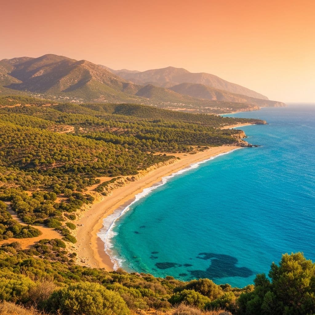 Cyprus coastline at sunset: a sandy beach between green hills and a turquoise sea