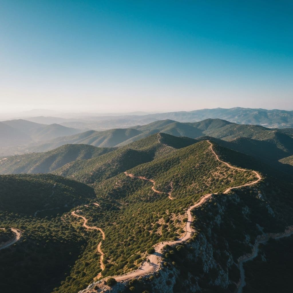 Forested hills of Cyprus with dirt roads winding along the ridges